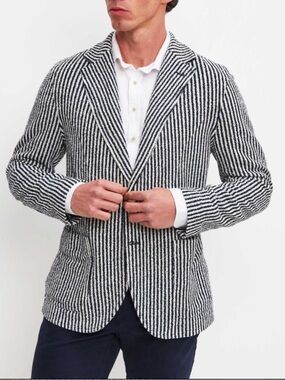 Distretto 12 Italy | Navy & White Striped Cotton Knit Unstructured Blazer IT 46